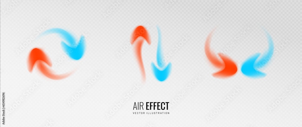Arrow air flow effect on a transparent background. A set of arrows indicating the temperature regulation of air flow. Vector illustration
