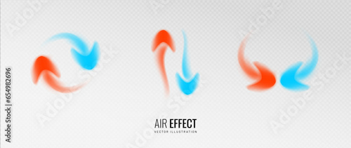 Arrow air flow effect on a transparent background. A set of arrows indicating the temperature regulation of air flow. Vector illustration