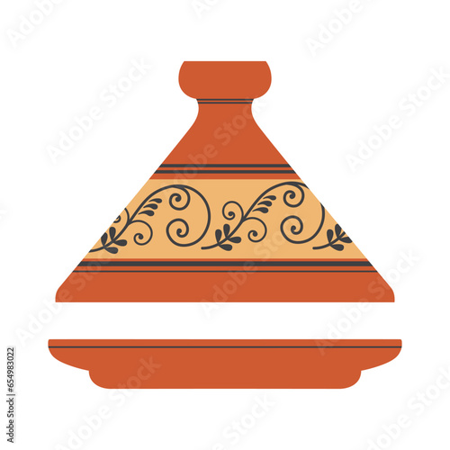 Moroccan Tagine national clay pot with conical lid, flat vector illustration on isolated background. Oriental ceramics and utensils, Tajine for cooking food,decorative object ,traditions vessel
