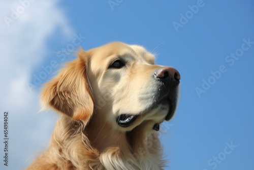 Golden retriever dog against sky blue background. Generative AI