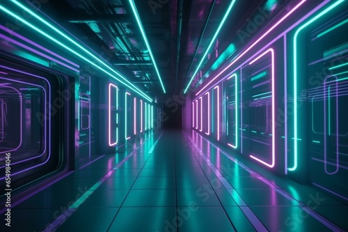 A futuristic hallway made of concrete and adorned with neon lights. It is depicted in an illustration. Generative AI