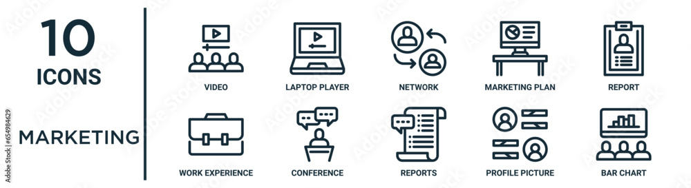 marketing outline icon set such as thin line video, network, report ...