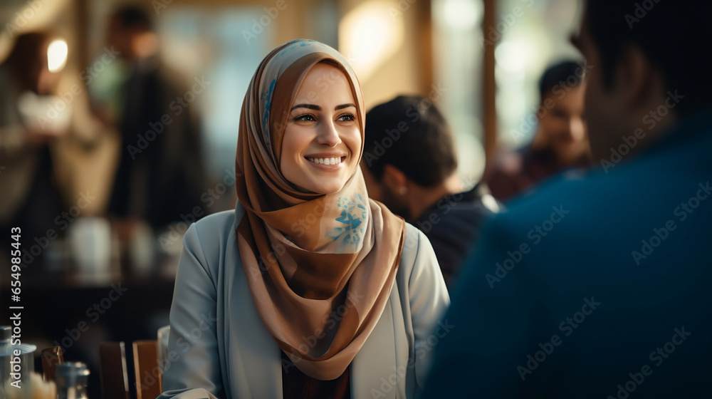 portrait of a modern woman wearing a headscarf in a restaurant - obrazy, fototapety, plakaty 