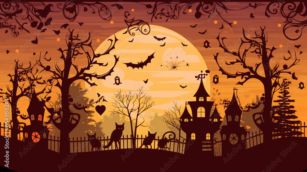 Old cemetery halloween background. Scary trees, bats, tombstones and crow,pumpkins, moon