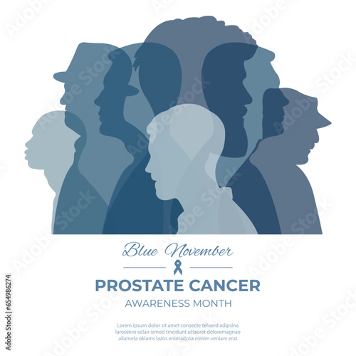 Prostate cancer awareness month.Blue November.Vector illustration with silhouettes of men and space for text.