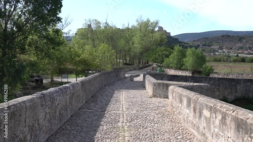 Frias bridge Spain medieval structure with cobbled path over River Ebro Burgos province Castile and Leon, Spain