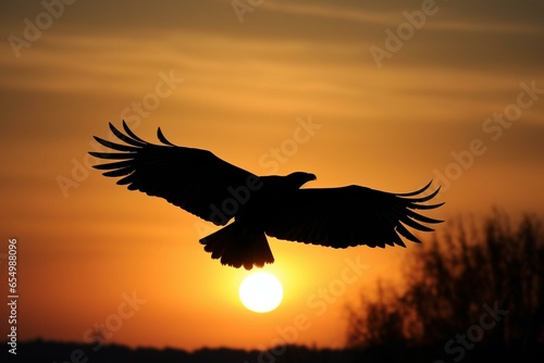 A silhouette of an eagle soaring during sunrise. Generative AI