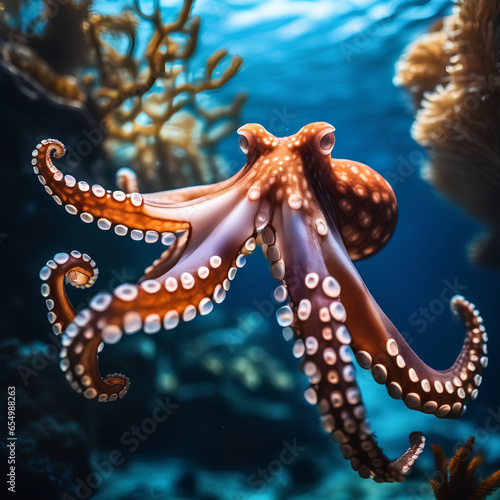 Beautiful orange octopus in the sea. Generative AI.