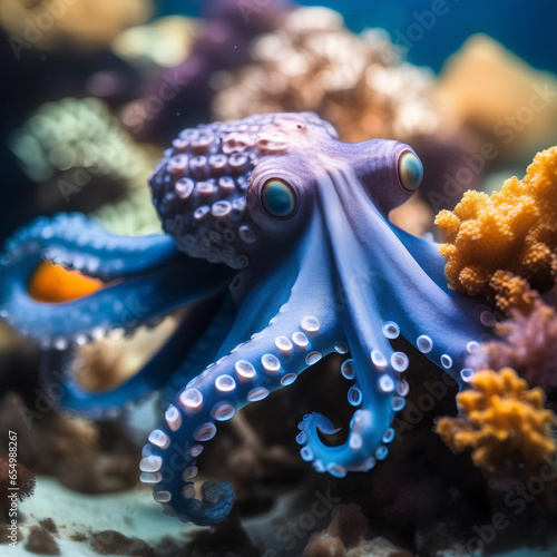 Underwater view of a blue octopus. Generative AI.
