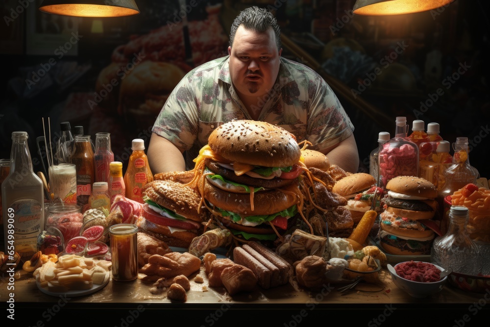 Overweight problem, poor diet, calorie-laden food, fast food cheeseburger burger, fat woman, obese persona, high calorie quick food, motivation to eat righ, fatty foods, dieting, new life. - obrazy, fototapety, plakaty 