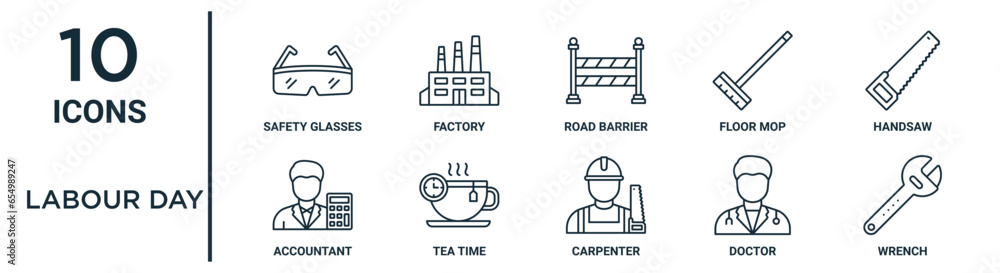 labour day outline icon set such as thin line safety glasses, road ...