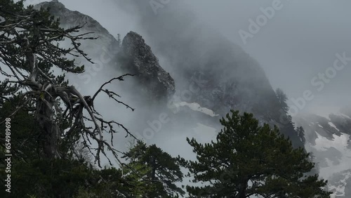 cloudy mountain ridges, aeial telephoto lens shot. trees and rocks in a fog photo