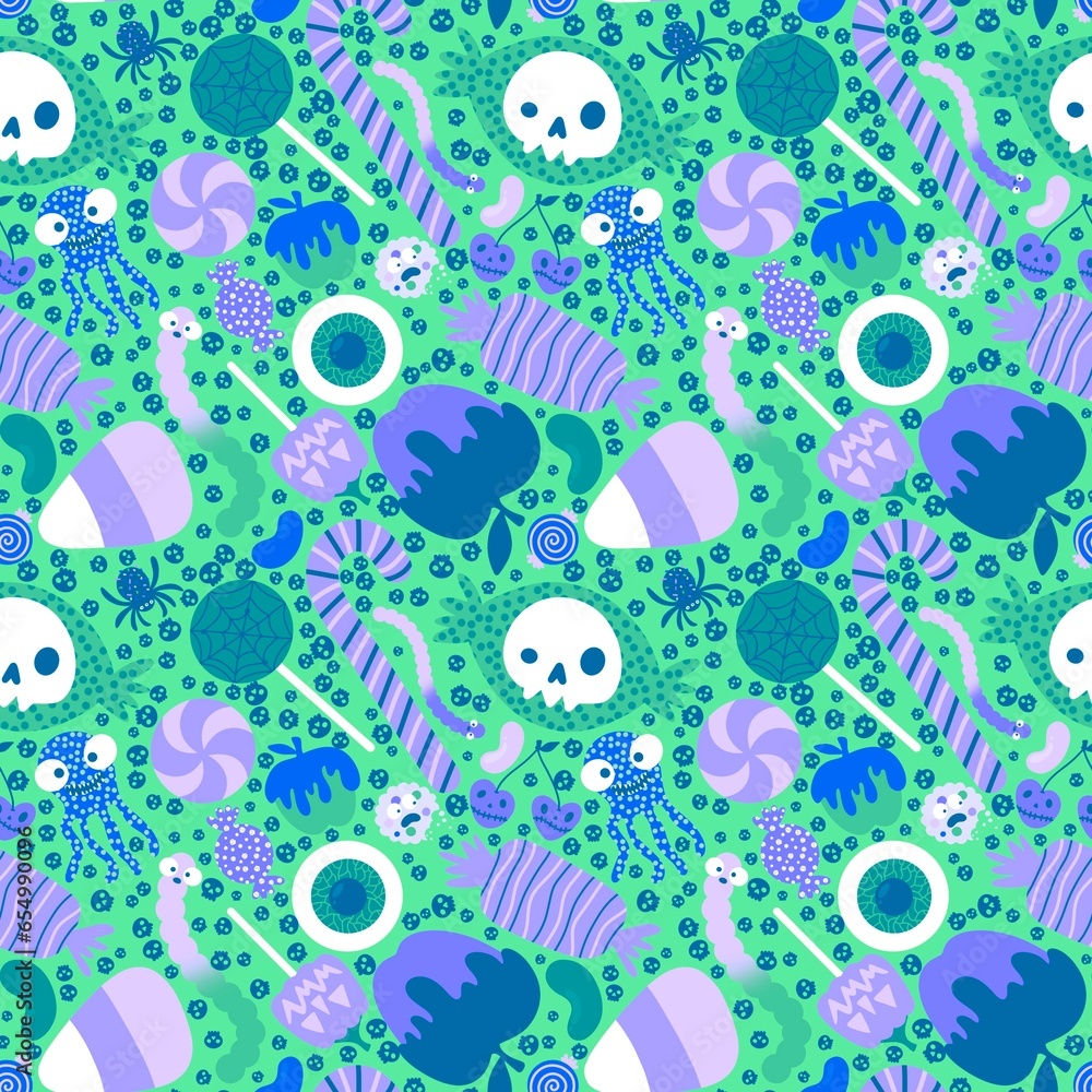 Naklejka premium Cartoon Halloween candy seamless lollipop and sugar cherry and worms and skulls pattern for wrapping paper