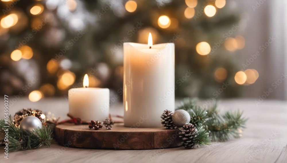 Christmas candles with christmas tree in the background Stock Photo