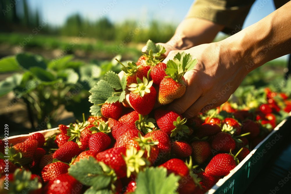 Farmer's hands gently plucking strawberries from their vines Farmer's hands gently plucking strawberries from their vines