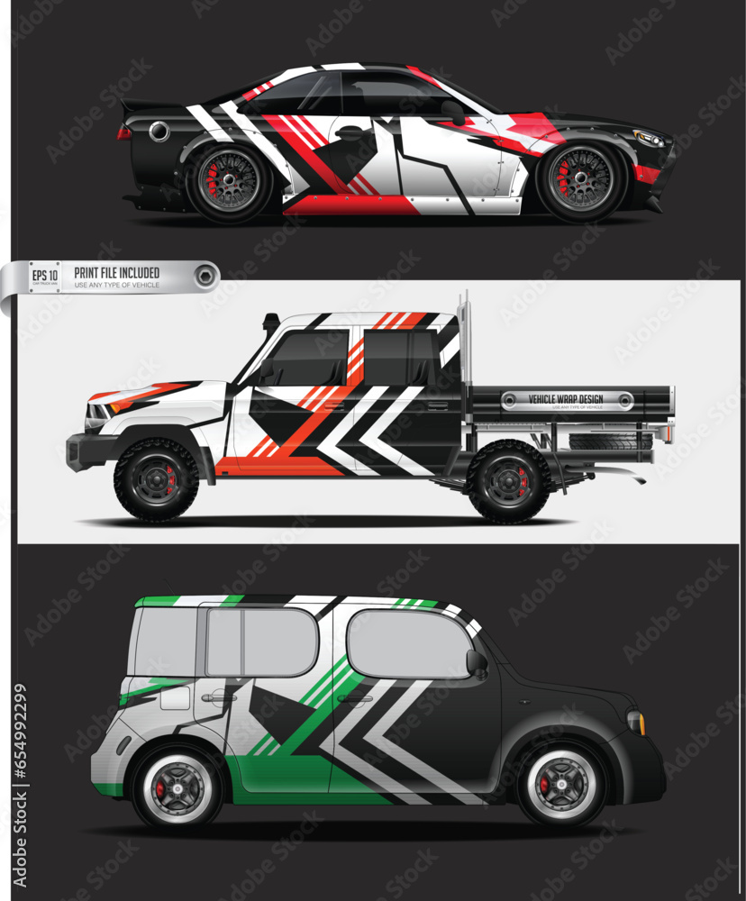 Car wrap design vector. Graphic abstract stripe racing background kit designs