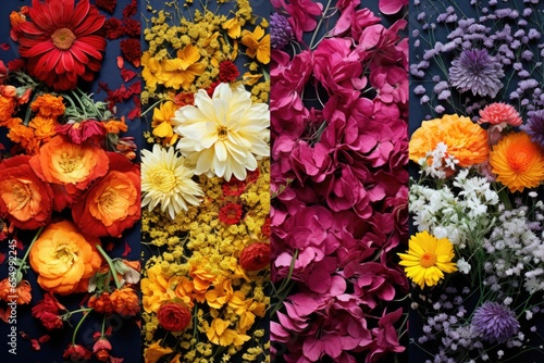 Colorful flowers on a wall. Different variations of flower blooms. A beautiful combination of bouquets for weddings, events, decor, floristry, composition creation.
