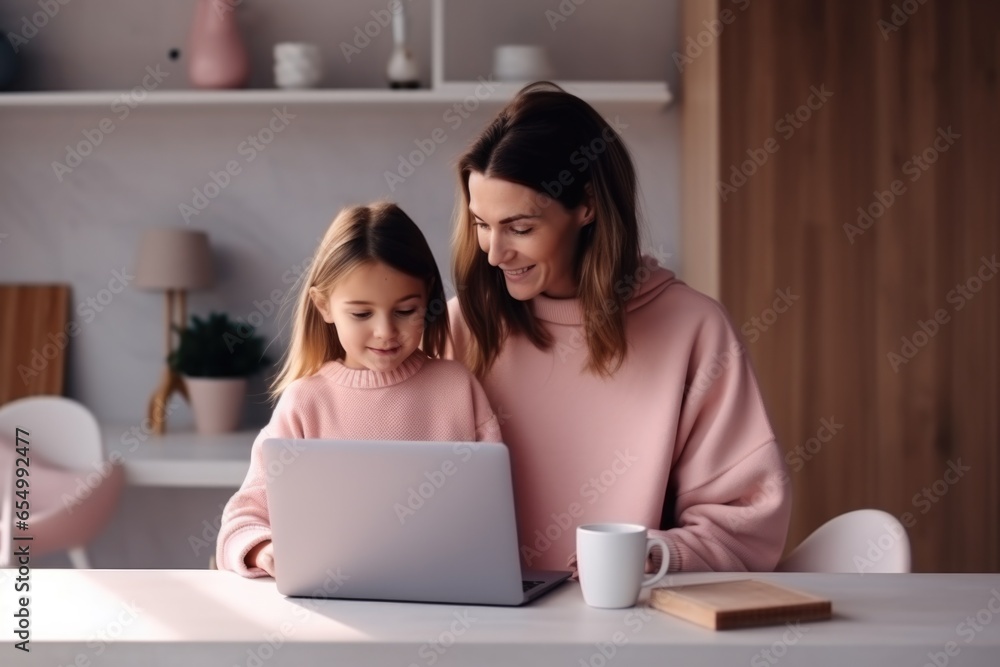 Photo of young brown hair Caucasian mother is helping her daughter with her homework in front of lap top. They are looking away from the camera. Beautiful girl and her young mother reading together Photo of young brown hair Caucasian mother is helping her daughter with her homework in front of lap top. They are looking away from the camera. Beautiful girl and her young mother reading together