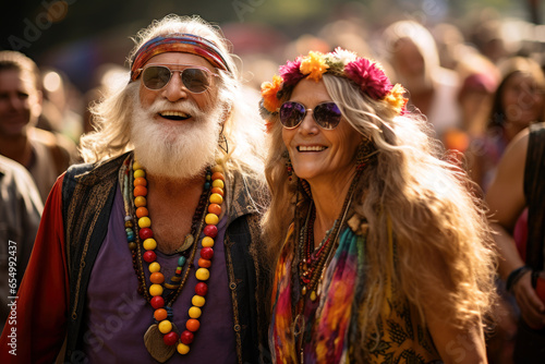 Hippie friends reuniting at a Woodstock anniversary event