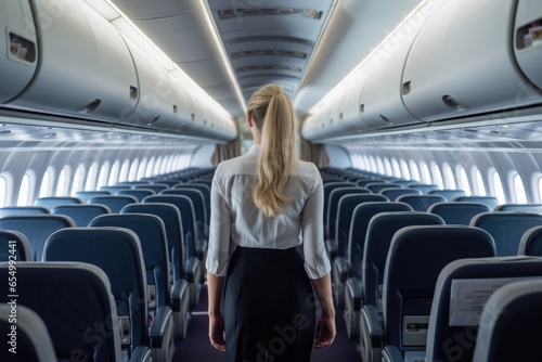 Cabin crew or stewardess standing in big empty aircraft and checking seats and chairs before flight. Passengers traveling by a new jet plane, shot from the inside of an airplane