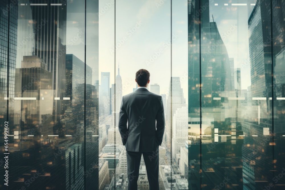 Fototapeta premium Back View of the Thoughtful Businessman wearing a Suit Standing in His Office, Hands in Pockets and Contemplating Next Big Business Deal, Looking out of the Window. Big City Business District View