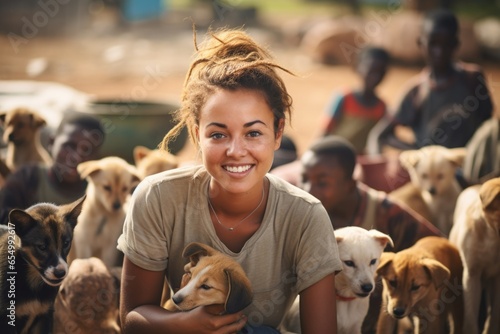 cute young woman volunteer takes care of dogs in a shelter. Adaptation of homeless animals. Wants to find a home and caring owners for small puppies photo