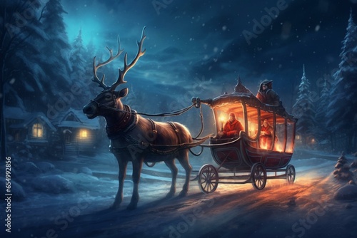festive sleigh ride under moonlit sky with reindeer delivering gifts. Generative AI © Braxton