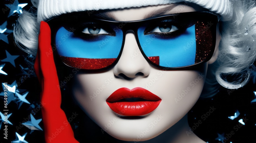 Close up portrait of a fashionable beautiful girl wearing white winter cap and sunglasses. Strong white foundation makeup, red lipstick and blue eye shadow
