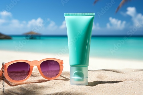 A tube on a beach with lotion, sunglasses, and the sea as background. Represents summer vacation and skin care. Generative AI
