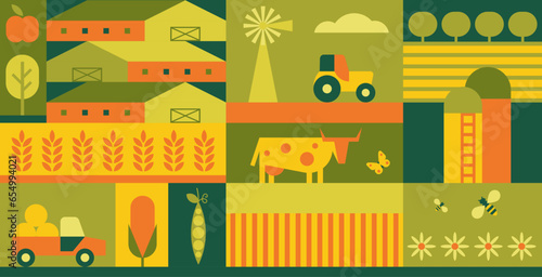 Geometric organic farm and agriculture design vector illustration. Cartoon eco minimal banner with square pattern, vegetable, wheat on agro field, farmers tractor in trendy rectangle presentation