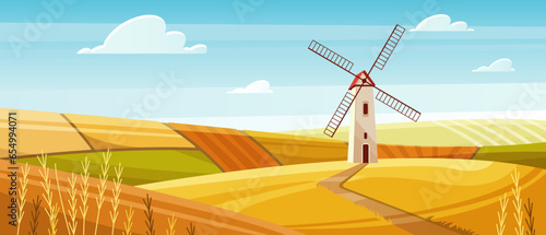 Farm windmill in village landscape vector illustration. Cartoon cute sunny rural scene with country road to silo tower with wind turbine generator, countryside path through wheat yellow fields