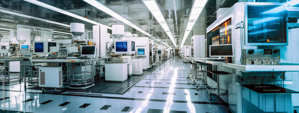 Fototapeta premium Modern science laboratory with cabinets, research desks, computers and other analytic equipment. Generative AI