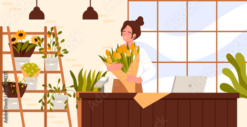 Florists shop, arranging vector illustration. Cartoon happy saleswoman or small business owner standing behind table with bouquet of flowers, store interior with floral decoration, flowerpots on rack