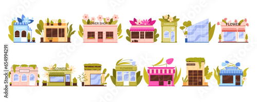 Flower shops set vector illustration. Cartoon isolated store exteriors collection, front street view of modern and old romantic buildings with windows and doors on facade, Flowers sign above entrance