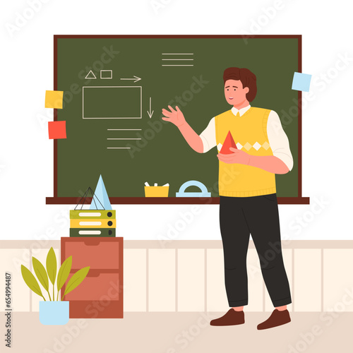 Math teacher teaching at school board in classroom vector illustration. Cartoon smart man pointing at chalkboard, tutor character holding pyramid to explain mathematic knowledge at lesson of geometry