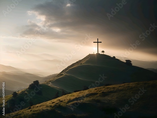 Holy cross symbolizing the death and resurrection of Jesus, Holy cross at the top of a hill with the sky shrouded with light and clouds