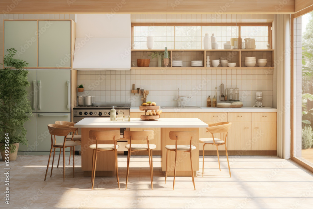 Sunny Wood Sustainable Kitchen Interior with Dining Area and Tile Backsplash. Styled Shelves and Mint Color Vintage Refrigerator Sunny Wood Sustainable Kitchen Interior with Dining Area and Tile Backsplash. Styled Shelves and Mint Color Vintage Refrigerator