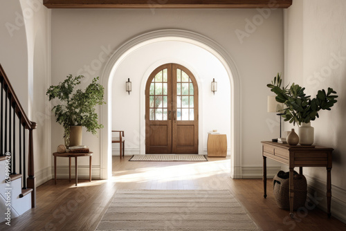 A Sunlit Foyer Entrance Room Decorated with An Arched Doorway Potted Tree on The Table and An Arched Wooden Door with Stairs
