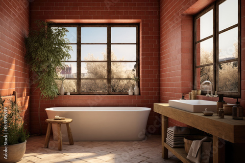 Bright and Airy Bathroom with A Bathtub  Sink  and Window  Featuring Red Brick Walls and A White Tile Floor