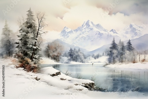 Winter scene with mountains and lake in watercolor. Generative AI