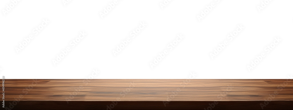 Isolated empty massive wooden table for product placement with transparent background, frontal view. - obrazy, fototapety, plakaty 