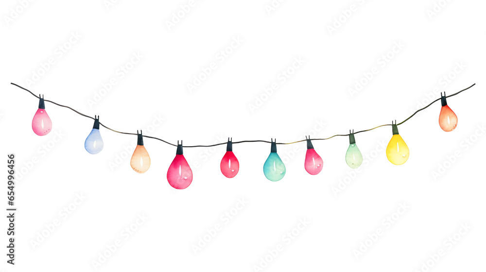 Watercolor string of Christmas lights isolated on transparent background. Generative ai Watercolor string of Christmas lights isolated on transparent background. Generative ai