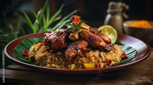fried rice with chicken barbeque as toping. indonesian traditional food