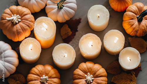 Aerial view of candles and fall pumpkins: capturing cozy autumn vibes. Candle lit seasonal decor for Halloween, fall, autumn, or October. 