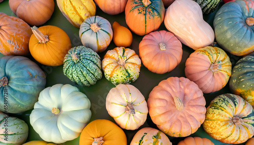 Aerial view of fall pumpkins: rainbow paint meets autumnal colors to emphasize nature's bounty. Orange, pink, and blue pumpkins during sunset, seasonal decor for Halloween, fall, autumn, or October. photo