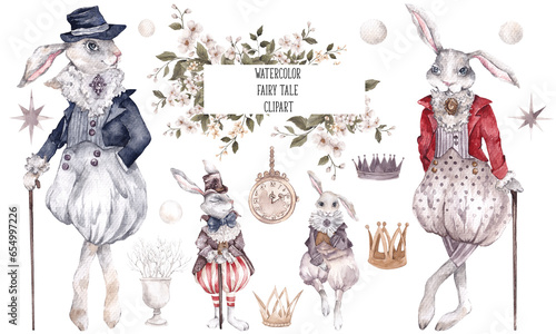 Watercolor fairy tale illustration. Miracle animals, castle, moon, vintage botanical. Pretty bunny, cats and goose.