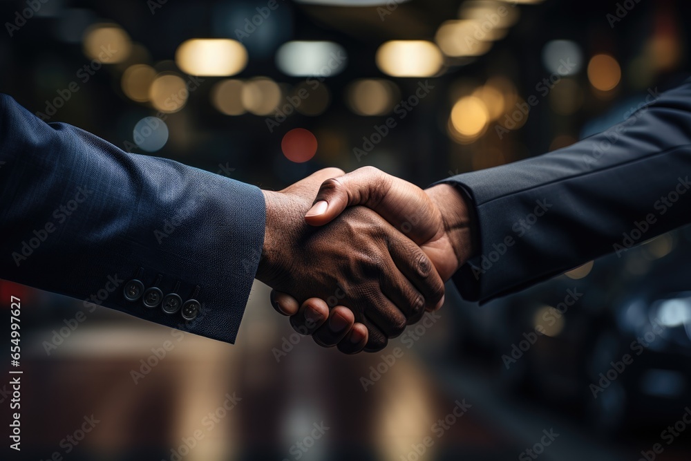 A Deal Done Right: Manager of Car Dealership and Buyer Shake Hands on the Purchase - obrazy, fototapety, plakaty 