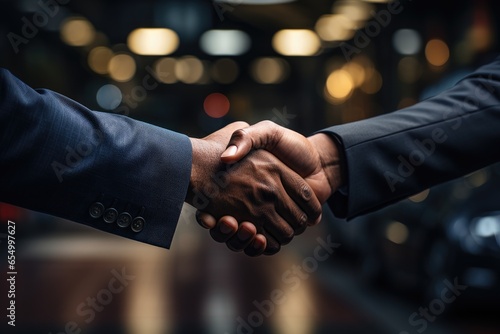 A Deal Done Right: Manager of Car Dealership and Buyer Shake Hands on the Purchase photo