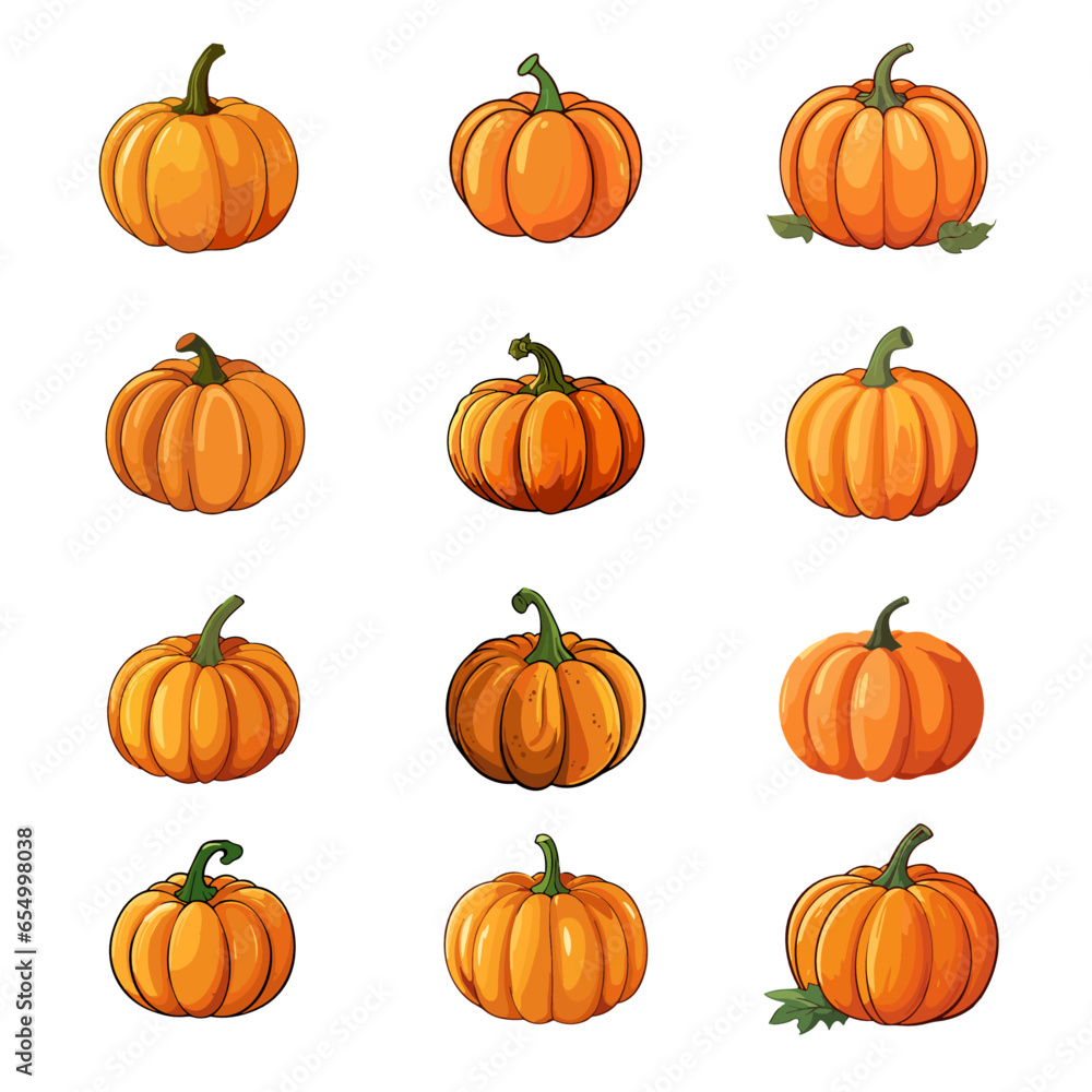 An array of 12 vector illustrated, orange pumpkins of various sizes and shapes on a white background.