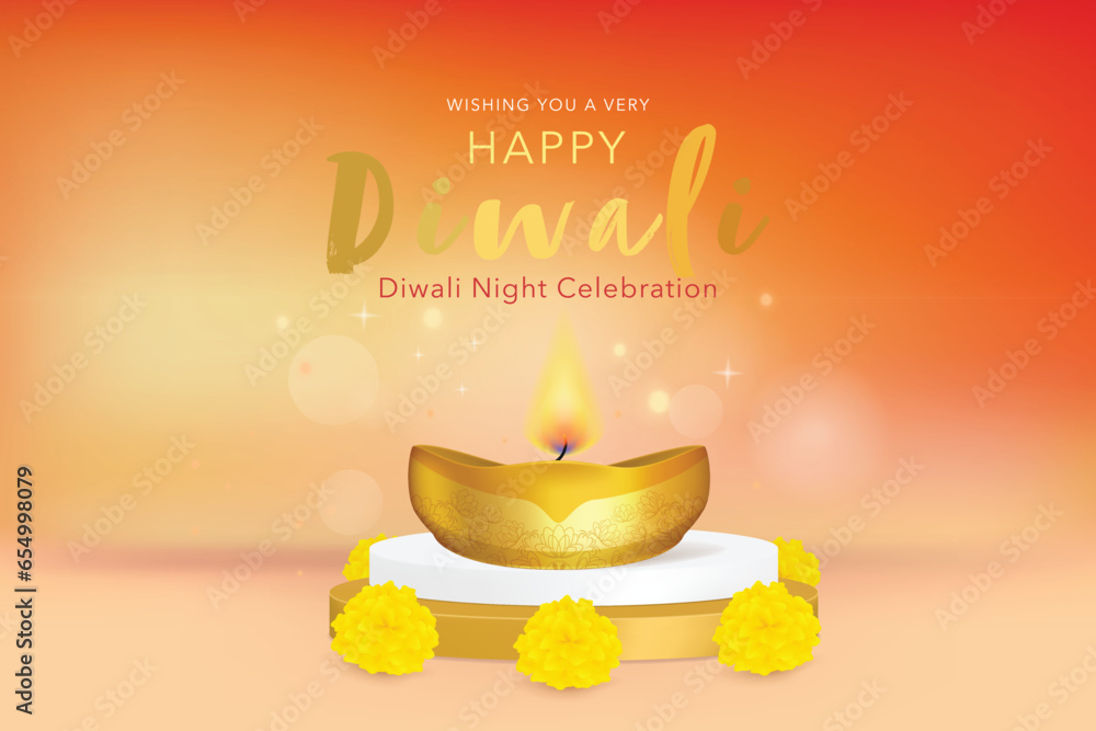 Naklejka premium Happy Diwali greetings. Rangoli decoration with Diya or lamp and toran marigold. vector illustration design